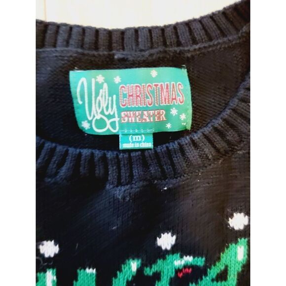 Ugly Christmas Sweater M Rudolph Santa's Little Helper Fringe Blk/Red - Picture 3 of 6